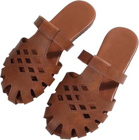 GORGLITTER Women's Hollow Out Beach Sandals Leather Closed Toe Slip on Roman Flat Sandals Boho Vacation Slides in Kuwait