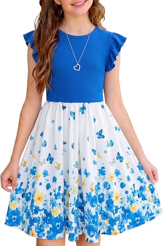 NEW 6-14 Years Girls Dress Flutter Sleeve Ribbed Knit Floral A-Line Casual Party Vacation School Summer Sundress in Saudi Arabia