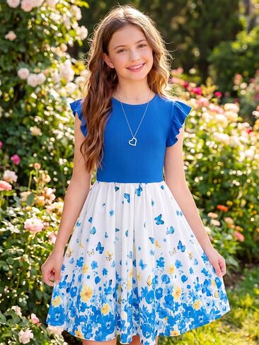 NEW 6-14 Years Girls Dress Flutter Sleeve Ribbed Knit Floral A-Line Casual Party Vacation School Summer Sundress in Saudi Arabia