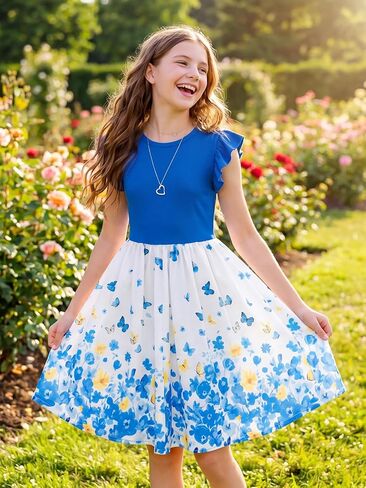 NEW 6-14 Years Girls Dress Flutter Sleeve Ribbed Knit Floral A-Line Casual Party Vacation School Summer Sundress in Saudi Arabia