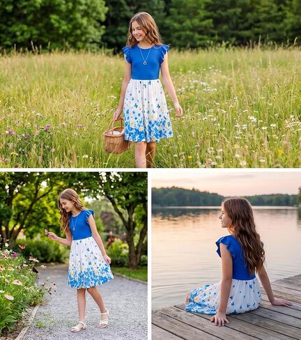 NEW 6-14 Years Girls Dress Flutter Sleeve Ribbed Knit Floral A-Line Casual Party Vacation School Summer Sundress in Saudi Arabia