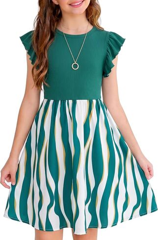 NEW 6-14 Years Girls Dress Flutter Sleeve Ribbed Knit Floral A-Line Casual Party Vacation School Summer Sundress in Saudi Arabia