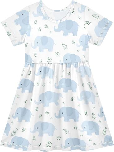 Cute Blue Elephant Girls' Dresses Short Sleeve Dress Quick Dry Casual A-Line Cute Midi Lightweight Sundress in Saudi Arabia