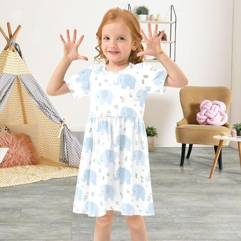 Cute Blue Elephant Girls' Dresses Short Sleeve Dress Quick Dry Casual A-Line Cute Midi Lightweight Sundress in Saudi Arabia