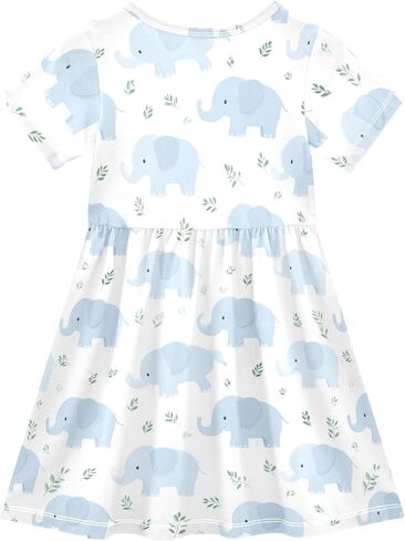 Cute Blue Elephant Girls' Dresses Short Sleeve Dress Quick Dry Casual A-Line Cute Midi Lightweight Sundress in Saudi Arabia