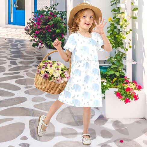 Cute Blue Elephant Girls' Dresses Short Sleeve Dress Quick Dry Casual A-Line Cute Midi Lightweight Sundress in Saudi Arabia