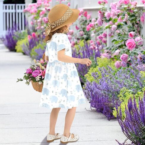 Cute Blue Elephant Girls' Dresses Short Sleeve Dress Quick Dry Casual A-Line Cute Midi Lightweight Sundress in Saudi Arabia