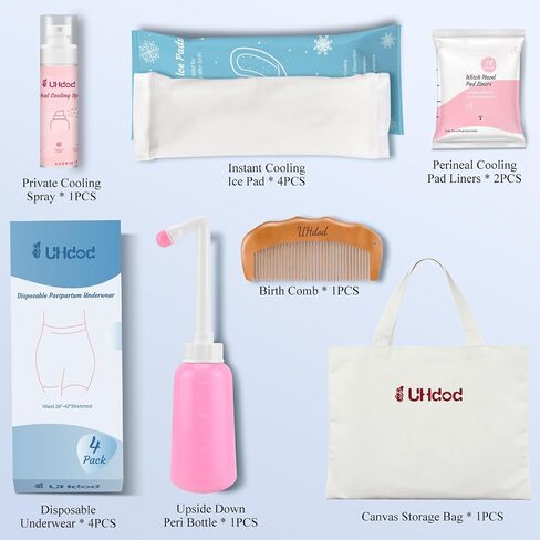 UHdod Postpartum Essentials Kit, Postpartum Care Recovery Kit for New Mom Labor Delivery, Includes Disposable Underwear, Instant Ice Pads, Cooling Spray, Soothing Liners, Peri Bottle, Birthing Comb in Saudi Arabia