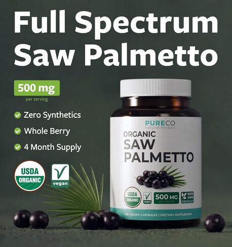 PURE CO USDA Organic Saw Palmetto Supplement - Organic Saw Palmetto for Women & Men's Urinary Tract Prostate & DHT Blocker for Women - Whole Berries - Vegan Non-GMO & Lab Verified (4 Month Supply) in Saudi Arabia