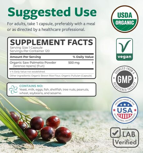 PURE CO USDA Organic Saw Palmetto Supplement - Organic Saw Palmetto for Women & Men's Urinary Tract Prostate & DHT Blocker for Women - Whole Berries - Vegan Non-GMO & Lab Verified (4 Month Supply) in Saudi Arabia