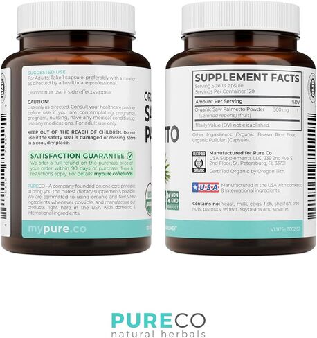 PURE CO USDA Organic Saw Palmetto Supplement - Organic Saw Palmetto for Women & Men's Urinary Tract Prostate & DHT Blocker for Women - Whole Berries - Vegan Non-GMO & Lab Verified (4 Month Supply) in Saudi Arabia