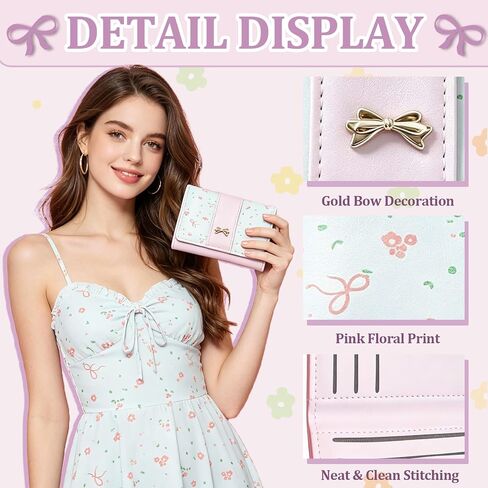 Floral Coquette Bow Small Wallet,Cute Pink Wallet for Women Girls, 7 Credit Card Slots, ID Window, Coin Pocket & Cash Compartment (PINK) in Saudi Arabia