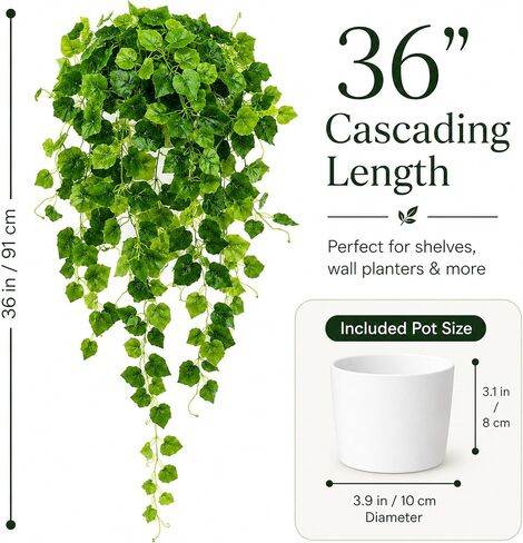 WHANLEY 36" Fake Pothos Hanging Plant in Pot, Artificial Hanging Plant with 168 Lush Leaves & Decorative Stones, Faux Potted Trailing Ivy Vine for Indoor Shelf Bathroom Bedroom Home Decor, 1 Pack in Saudi Arabia