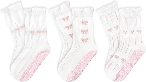 3 Pairs Cute Pilates Grip Socks for Women Ruffle Bow Non Slip Grip Socks Fits for Yoga, Barre, Barefoot in Saudi Arabia