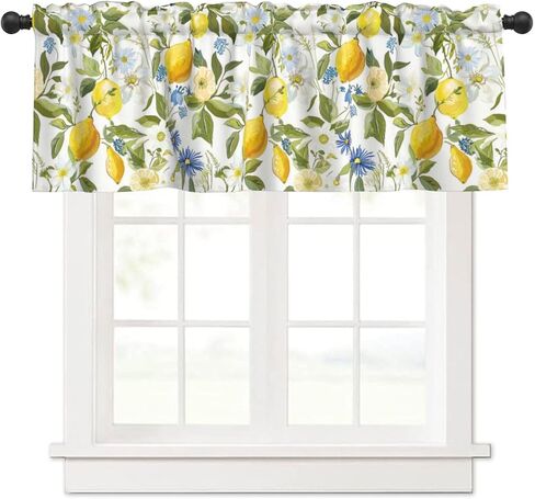 Valance for Windows Yellow Lemon Blue White Floral Kitchen Curtains Valances Rod Pocket Print Window Treatment Short Topper Curtains for Living Room Bedroom Bathroom 1 Panel 54x18inch in Saudi Arabia
