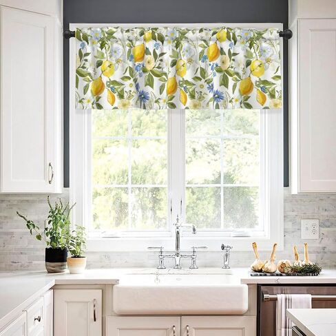 Valance for Windows Yellow Lemon Blue White Floral Kitchen Curtains Valances Rod Pocket Print Window Treatment Short Topper Curtains for Living Room Bedroom Bathroom 1 Panel 54x18inch in Saudi Arabia