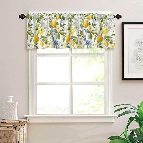 Valance for Windows Yellow Lemon Blue White Floral Kitchen Curtains Valances Rod Pocket Print Window Treatment Short Topper Curtains for Living Room Bedroom Bathroom 1 Panel 54x18inch in Saudi Arabia