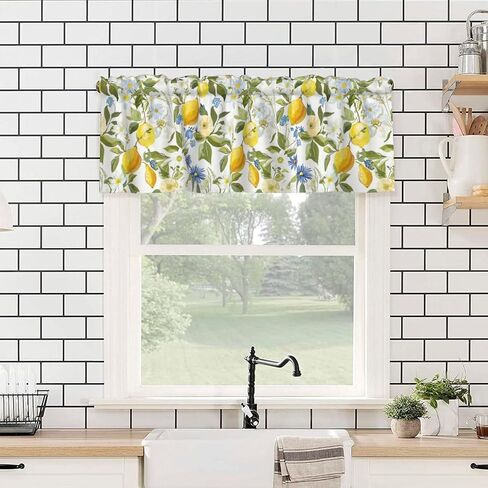 Valance for Windows Yellow Lemon Blue White Floral Kitchen Curtains Valances Rod Pocket Print Window Treatment Short Topper Curtains for Living Room Bedroom Bathroom 1 Panel 54x18inch in Saudi Arabia