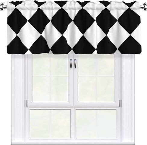 Rod Pocket Valance Curtain 54 x 18 Inch, Black and White Abstract Checkered Diamond Short Window Valance Curtains for Kitchen Windows Bathroom Bedroom, 1 Panel in Saudi Arabia