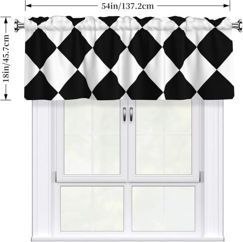 Rod Pocket Valance Curtain 54 x 18 Inch, Black and White Abstract Checkered Diamond Short Window Valance Curtains for Kitchen Windows Bathroom Bedroom, 1 Panel in Saudi Arabia