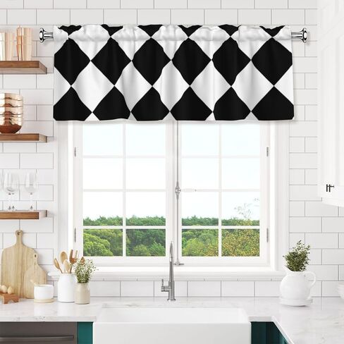 Rod Pocket Valance Curtain 54 x 18 Inch, Black and White Abstract Checkered Diamond Short Window Valance Curtains for Kitchen Windows Bathroom Bedroom, 1 Panel in Saudi Arabia