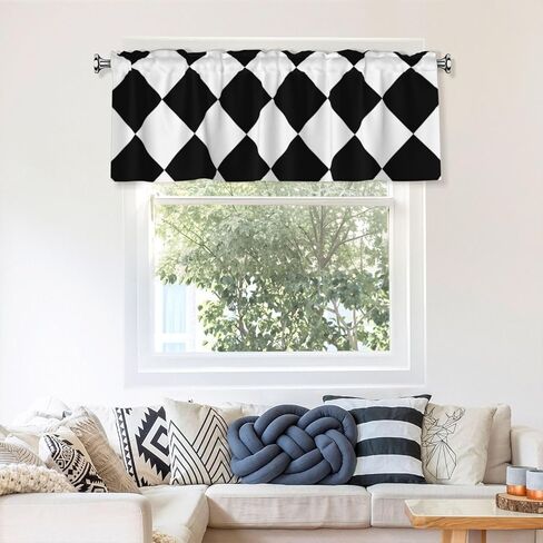 Rod Pocket Valance Curtain 54 x 18 Inch, Black and White Abstract Checkered Diamond Short Window Valance Curtains for Kitchen Windows Bathroom Bedroom, 1 Panel in Saudi Arabia