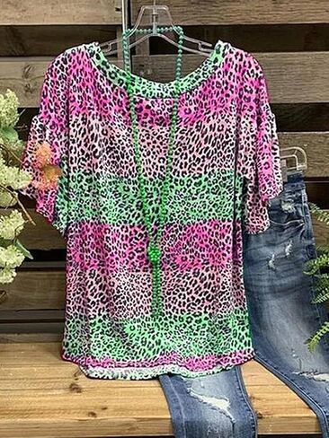 Pink Blue Gradient Leopard Print Ruffle Sleeve Boat Neck Loose Fit Casual Top for Women in Kuwait
