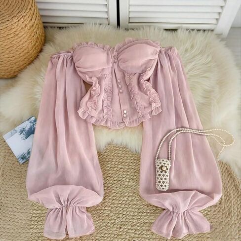 Women's Off-the-Shoulder Ruffled Blouse, Long Puff Sleeve Crop Top, Elegant Vintage Blouse in Kuwait