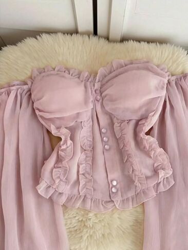 Women's Off-the-Shoulder Ruffled Blouse, Long Puff Sleeve Crop Top, Elegant Vintage Blouse in Kuwait