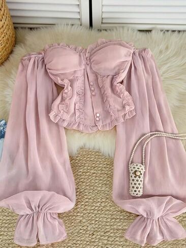 Women's Off-the-Shoulder Ruffled Blouse, Long Puff Sleeve Crop Top, Elegant Vintage Blouse in Kuwait