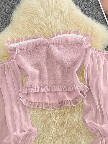 Women's Off-the-Shoulder Ruffled Blouse, Long Puff Sleeve Crop Top, Elegant Vintage Blouse in Kuwait