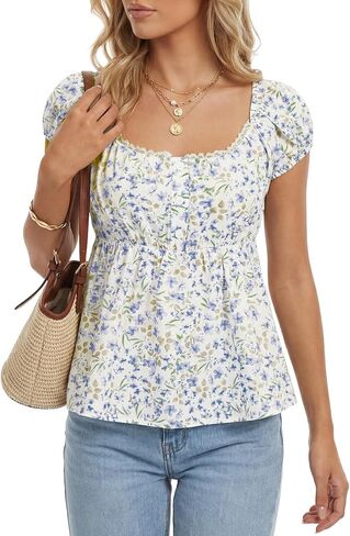 Rooscier Women's Floral Scoop Neck Puff Short Sleeve Ruffle Peplum Casual Blouse Tops in Kuwait