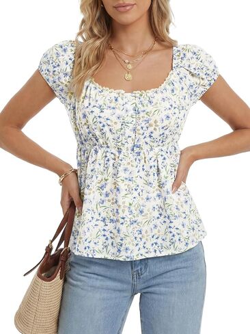 Rooscier Women's Floral Scoop Neck Puff Short Sleeve Ruffle Peplum Casual Blouse Tops in Kuwait