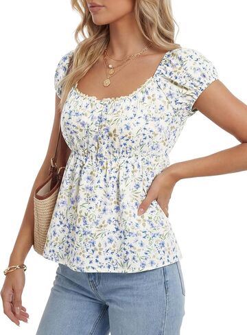 Rooscier Women's Floral Scoop Neck Puff Short Sleeve Ruffle Peplum Casual Blouse Tops in Kuwait