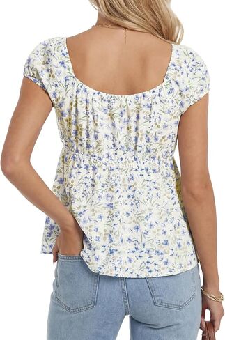 Rooscier Women's Floral Scoop Neck Puff Short Sleeve Ruffle Peplum Casual Blouse Tops in Kuwait