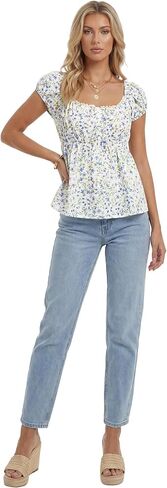 Rooscier Women's Floral Scoop Neck Puff Short Sleeve Ruffle Peplum Casual Blouse Tops in Kuwait