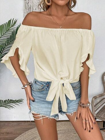 Women's Off Shoulder Blouse, Ruffle Sleeve Tie Front Top, Cold Shoulder Split Sleeve Casual Shirt for Summer in Kuwait