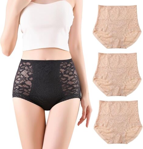 Women's High Waisted Lace Briefs - Retro Floral Panties with Light Tummy Support in Saudi Arabia