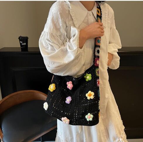 Crochet Knit Boho Shoulder Bag for women, Hollow Out Embroidery Crossbody Bag Tote Handbag for travel,beach,work in Kuwait