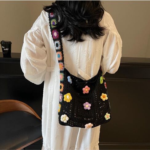 Crochet Knit Boho Shoulder Bag for women, Hollow Out Embroidery Crossbody Bag Tote Handbag for travel,beach,work in Kuwait