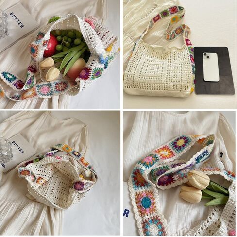 Crochet Knit Boho Shoulder Bag for women, Hollow Out Embroidery Crossbody Bag Tote Handbag for travel,beach,work in Kuwait