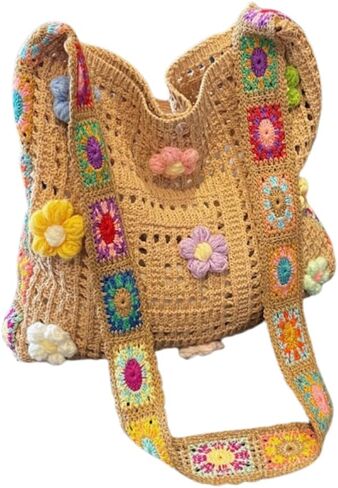 Crochet Knit Boho Shoulder Bag for women, Hollow Out Embroidery Crossbody Bag Tote Handbag for travel,beach,work in Kuwait