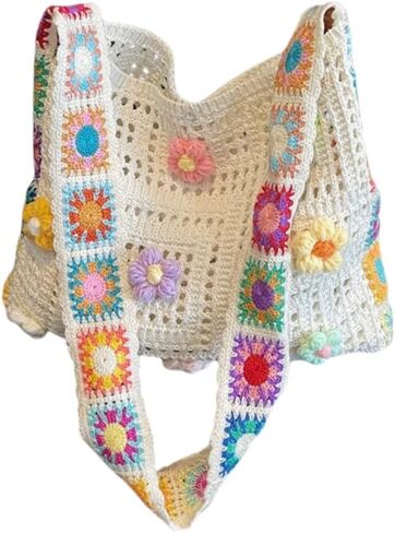 Crochet Knit Boho Shoulder Bag for women, Hollow Out Embroidery Crossbody Bag Tote Handbag for travel,beach,work in Kuwait