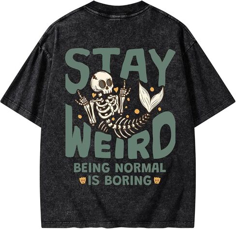 IRON PANDA Stay Weird Funny Graphic Tee for Women-Being Normal is Boring Skeleton Mermaid Oversized Gym Shirt, Acid Wash Top in Saudi Arabia