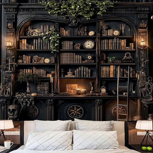 TUGCAY Vintage Bookshelf Tapestry, Medieval Gothic Bookcase Tapestry Spooky Library Tapestries Book Skull Backdrop for Bedroom Living Room Dorm Office Wall Decor 80’’ x 60’’ in Saudi Arabia