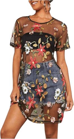 GORGLITTER Women's Embroidered Sheer Floral Dress Tops Dressy Y2K Mesh Shorts Sleeve Concert Summer Cute Going Out Tops in Kuwait
