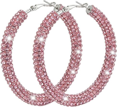 Sparkling Hoop Rhinestone Earrings for Women, 2.16" Light Pink Rhinestone Hoop Earrings for Women, Mother's Day Graduation Easter Gift, Dangling Colored Hoop Jewelry in Saudi Arabia