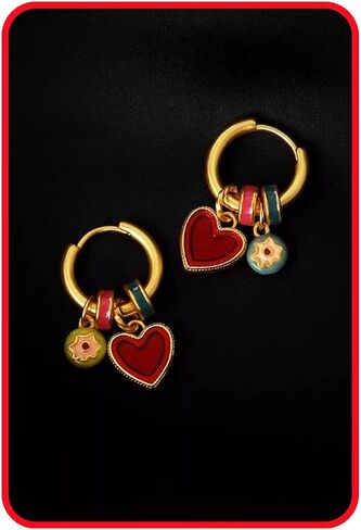 Heart Charm Hoop Earrings for Women, Gold Huggie Hoop with Red Heart and Colorful Enamel Charms, Unique Y2K Dangle Statement Jewelry, Copper Hypoallergenic Gift for Her in Saudi Arabia