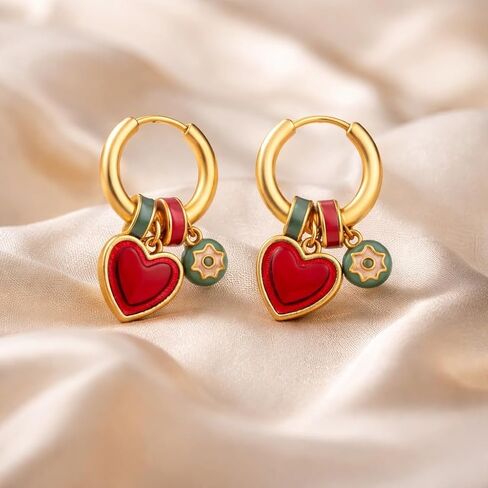 Heart Charm Hoop Earrings for Women, Gold Huggie Hoop with Red Heart and Colorful Enamel Charms, Unique Y2K Dangle Statement Jewelry, Copper Hypoallergenic Gift for Her in Saudi Arabia