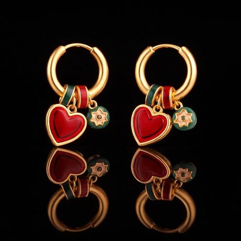Heart Charm Hoop Earrings for Women, Gold Huggie Hoop with Red Heart and Colorful Enamel Charms, Unique Y2K Dangle Statement Jewelry, Copper Hypoallergenic Gift for Her in Saudi Arabia
